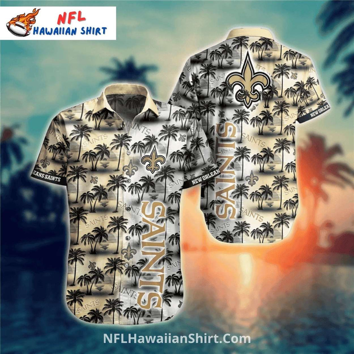 Saints Aloha Shirt Tropical Palm Tree And Sunset Pattern