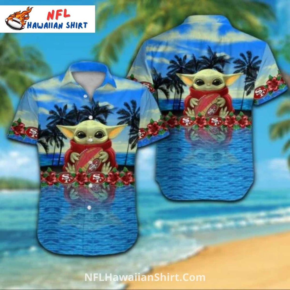 San Francisco 49ers Aloha Shirt Blue With Baby Yoda Design