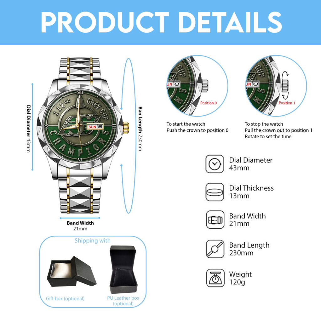 Saskatchewan Roughriders 2025 Grey Cup Champions Alloy Luxury Quartz Watch - TMTHU2240
