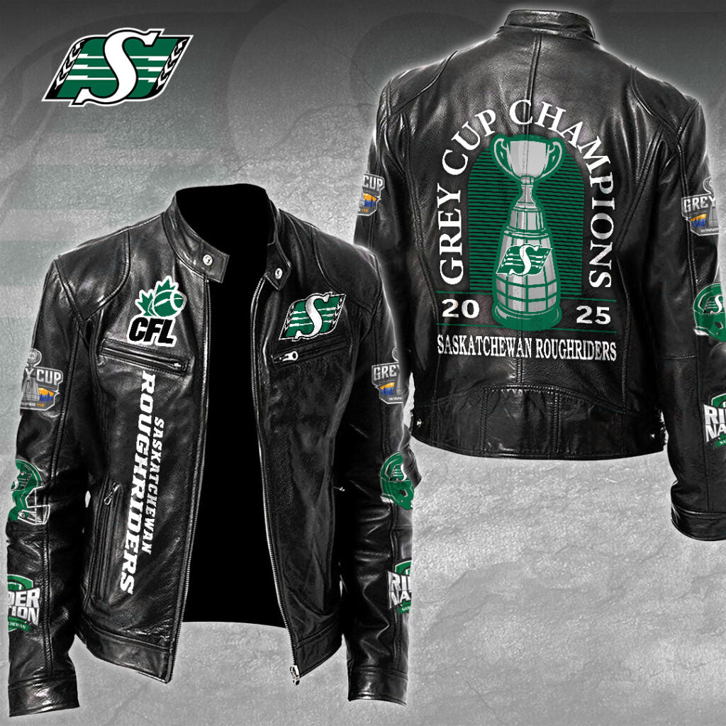 Saskatchewan Roughriders 2025 Grey Cup Champions Motorcycle Leather Jacket – TMTHU2362