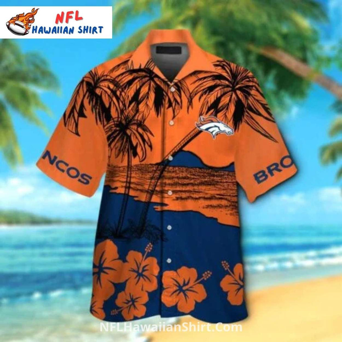 Scenic Broncos Aloha Shirt Orange And Navy Palm Tree Art