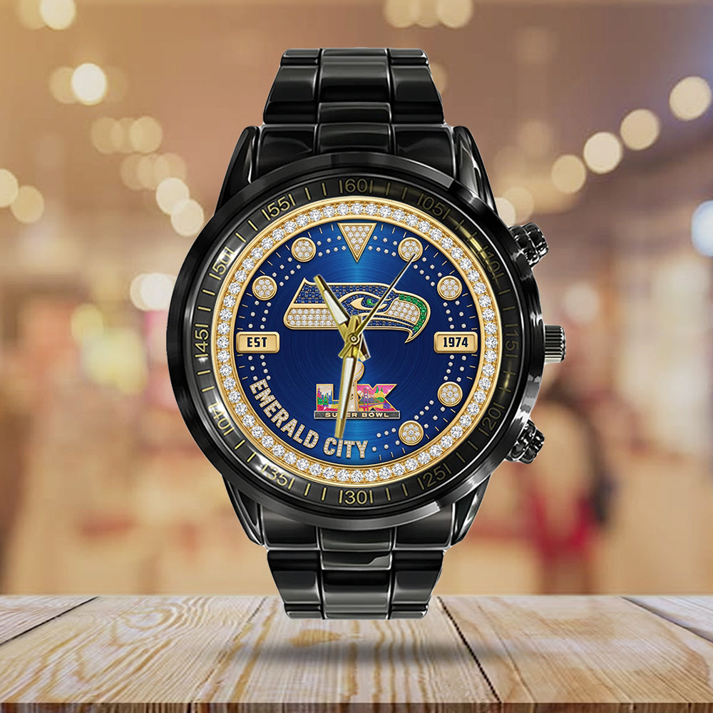 Seattle Seahawks 2025 Super Bowl LX Champions Black Stainless Steel Watch - GNE5945