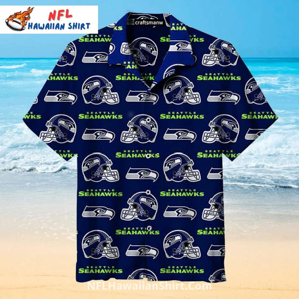 Seahawks Hawaiian Shirt Navy Blue Helmet Pattern
