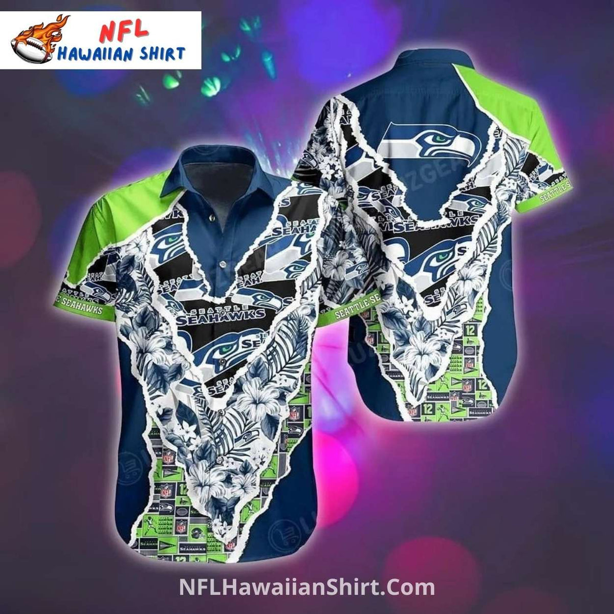 Seahawks Hawaiian Shirt Patchwork Floral Green Design