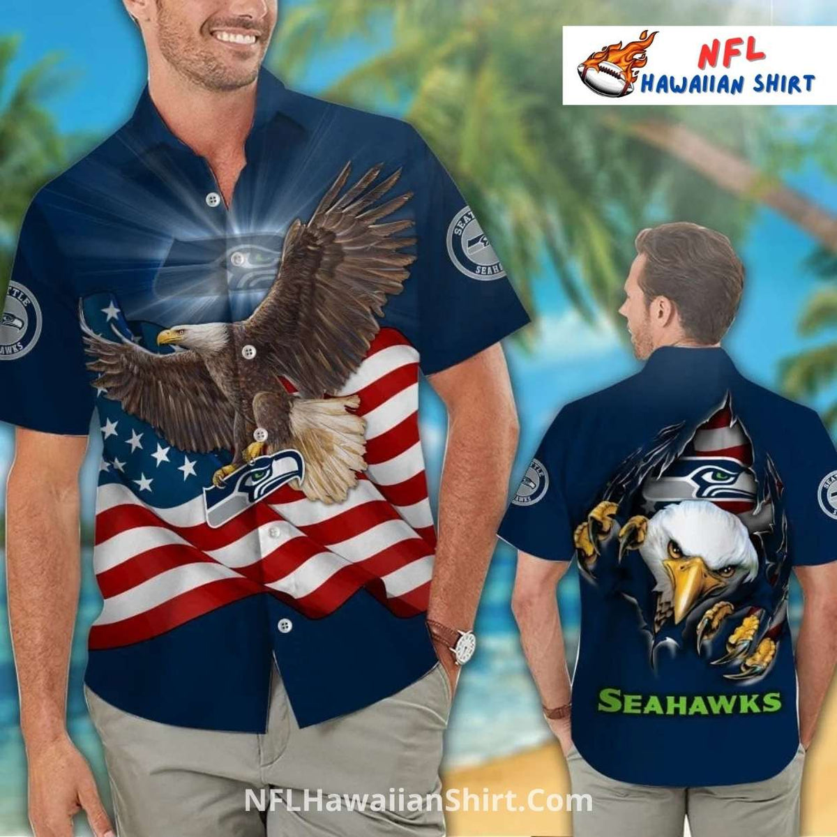 Seahawks Hawaiian Shirt With American Flag And Eagle Design