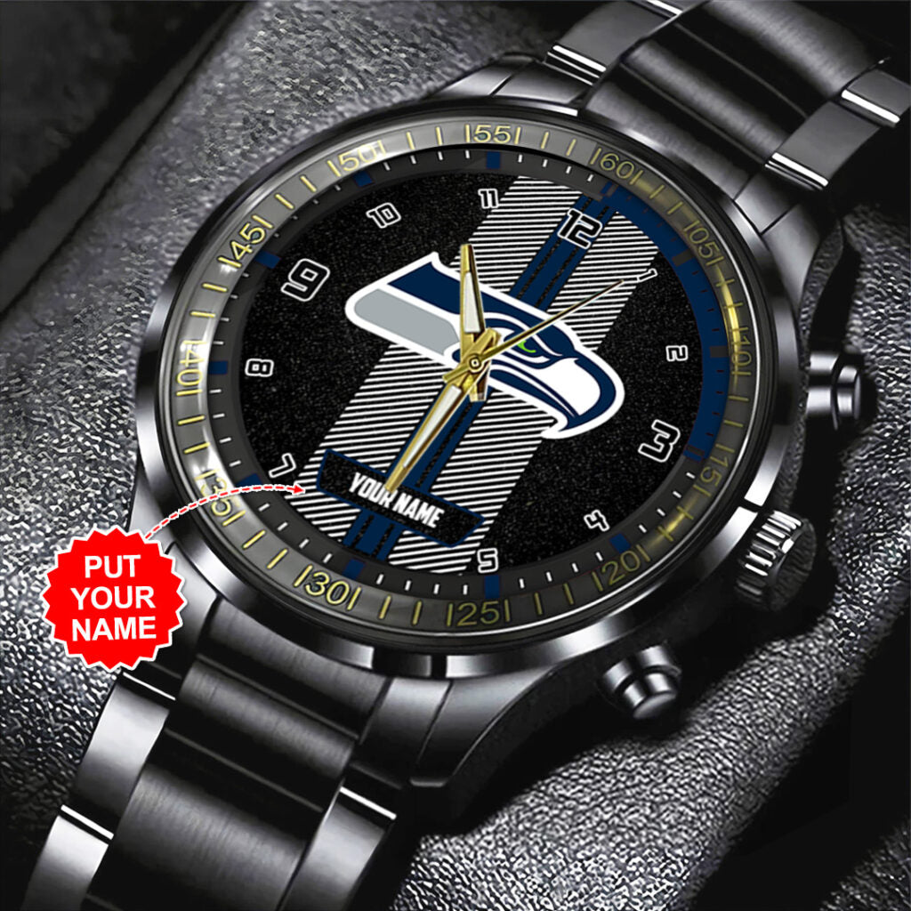 Personalized Seattle Seahawks Black Stainless Steel Watch - TANTN16029