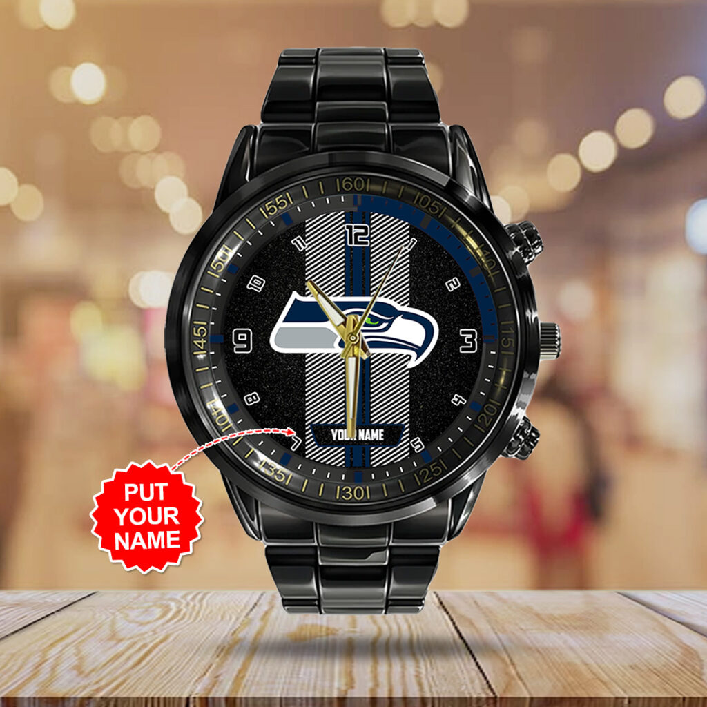 Personalized Seattle Seahawks Black Stainless Steel Watch - TANTN16029