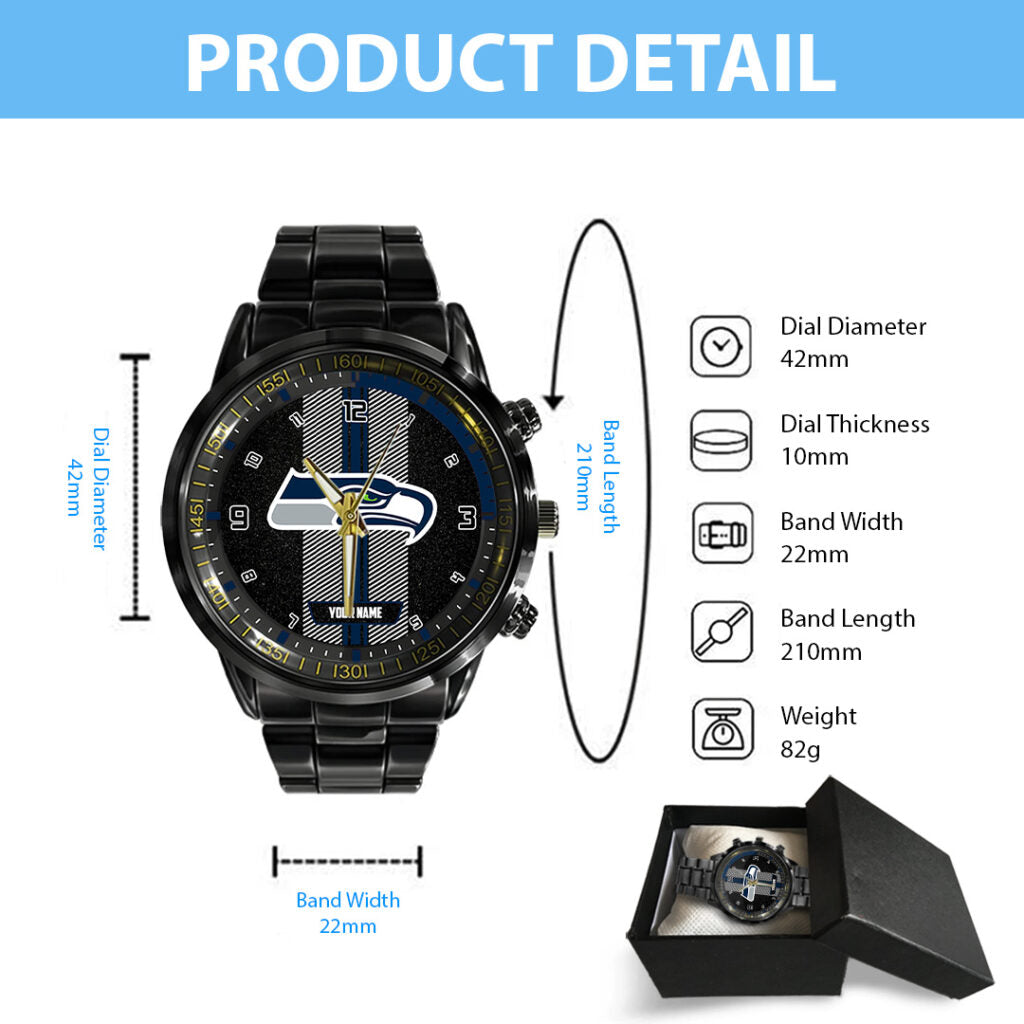 Personalized Seattle Seahawks Black Stainless Steel Watch - TANTN16029