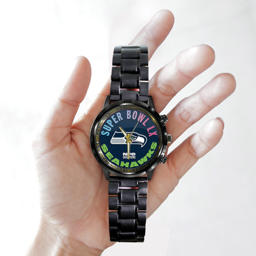 Seattle Seahawks 2025 NFC Champions Black Stainless Steel Watch - TANTN20639