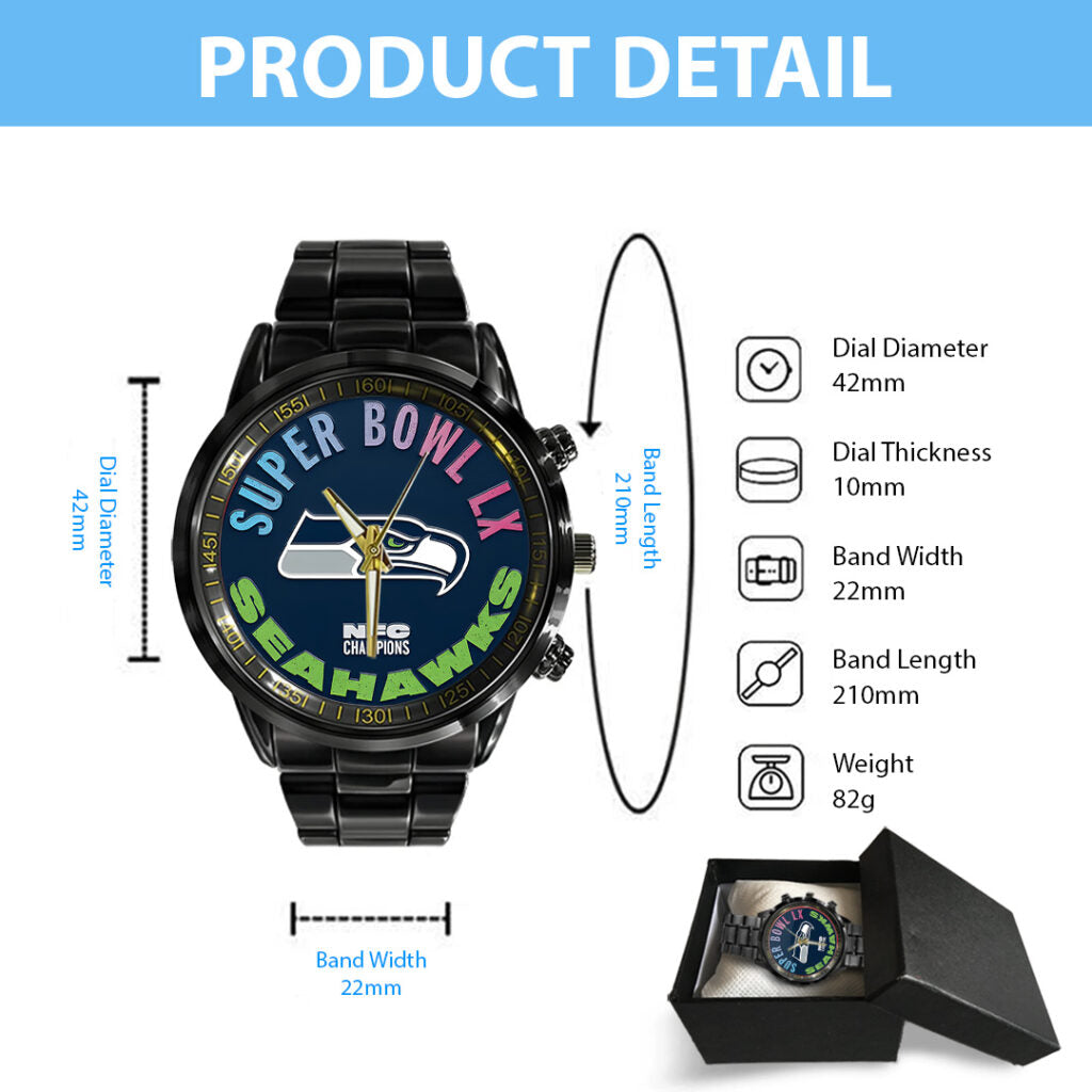 Seattle Seahawks 2025 NFC Champions Black Stainless Steel Watch - TANTN20639