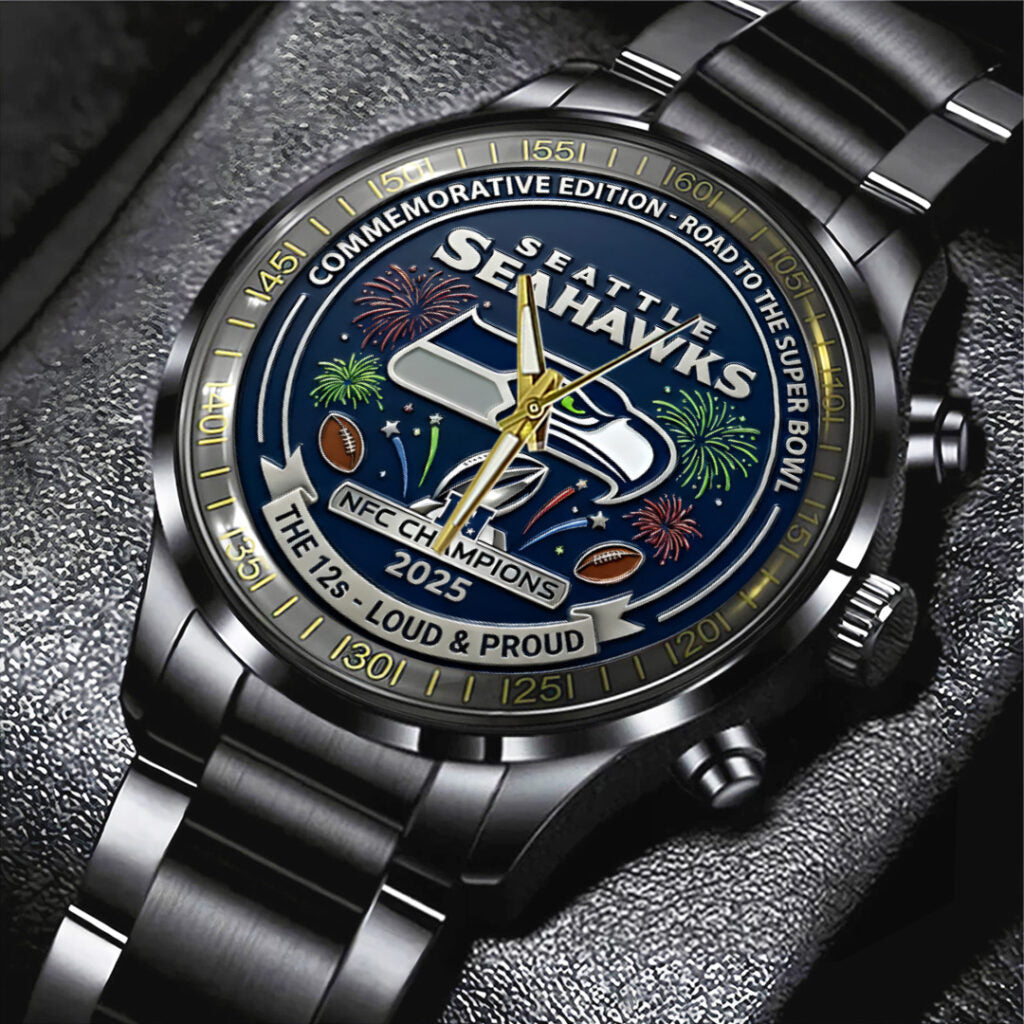 Seattle Seahawks 2025 NFC Champions Black Stainless Steel Watch - TANTN20677