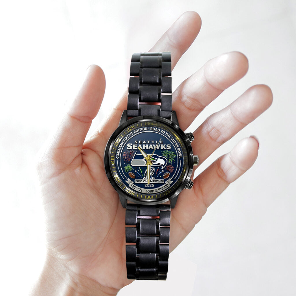 Seattle Seahawks 2025 NFC Champions Black Stainless Steel Watch - TANTN20677