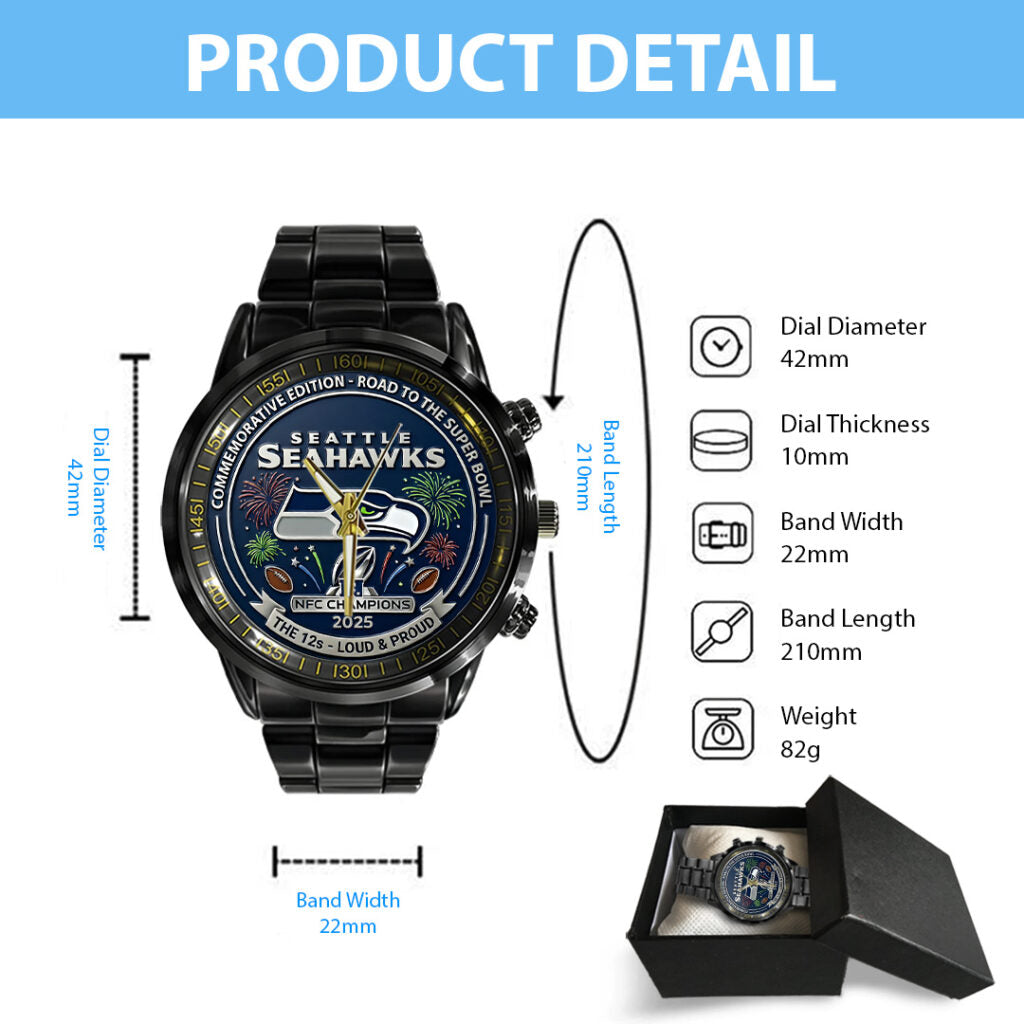 Seattle Seahawks 2025 NFC Champions Black Stainless Steel Watch - TANTN20677