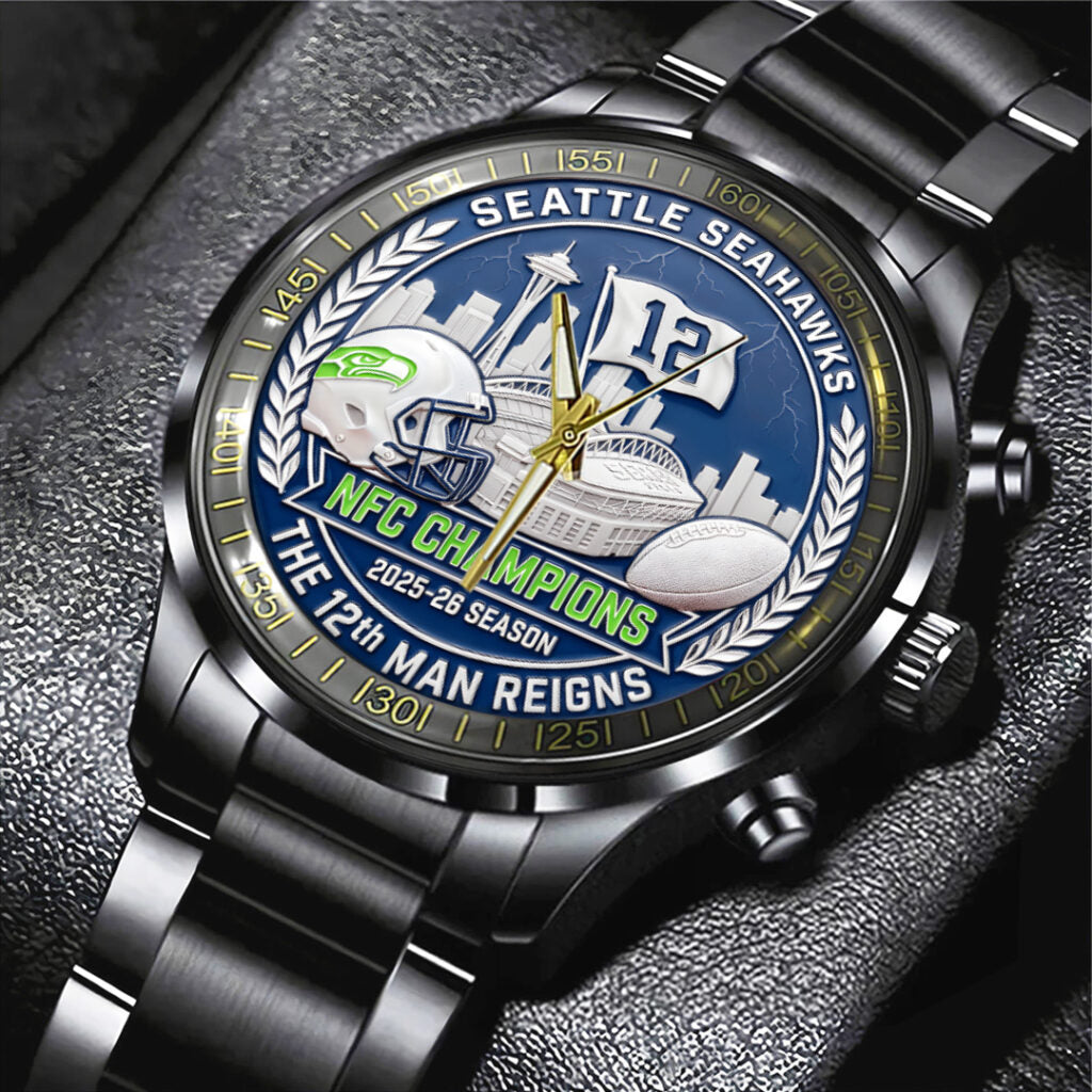 Seattle Seahawks 2025 NFC Champions Black Stainless Steel Watch - TANTN20681