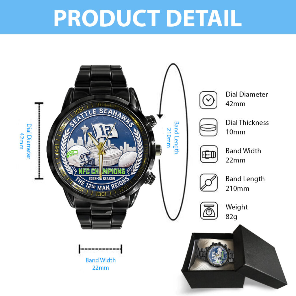 Seattle Seahawks 2025 NFC Champions Black Stainless Steel Watch - TANTN20681