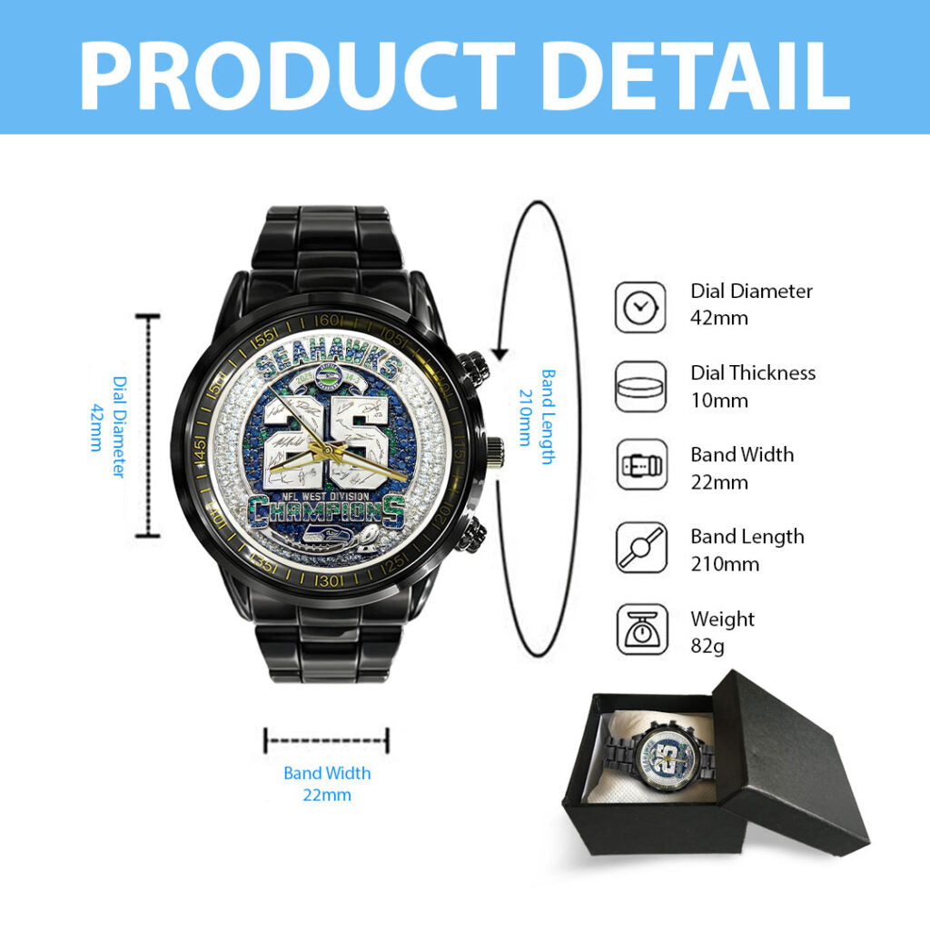 Seattle Seahawks 2025 NFC West Champions Black Stainless Steel Watch - HOATT15765