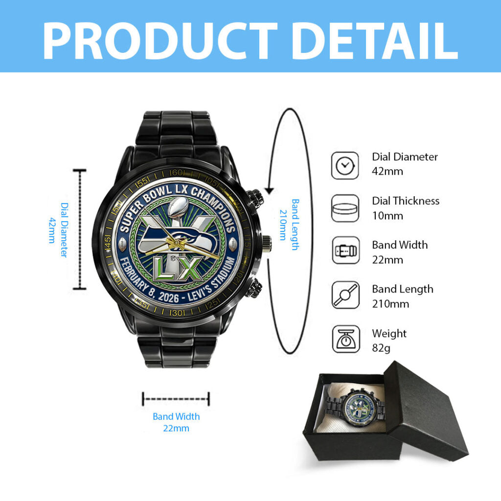 Seattle Seahawks 2025 Super Bowl LX Champions Black Stainless Steel Watch - HOATT16156