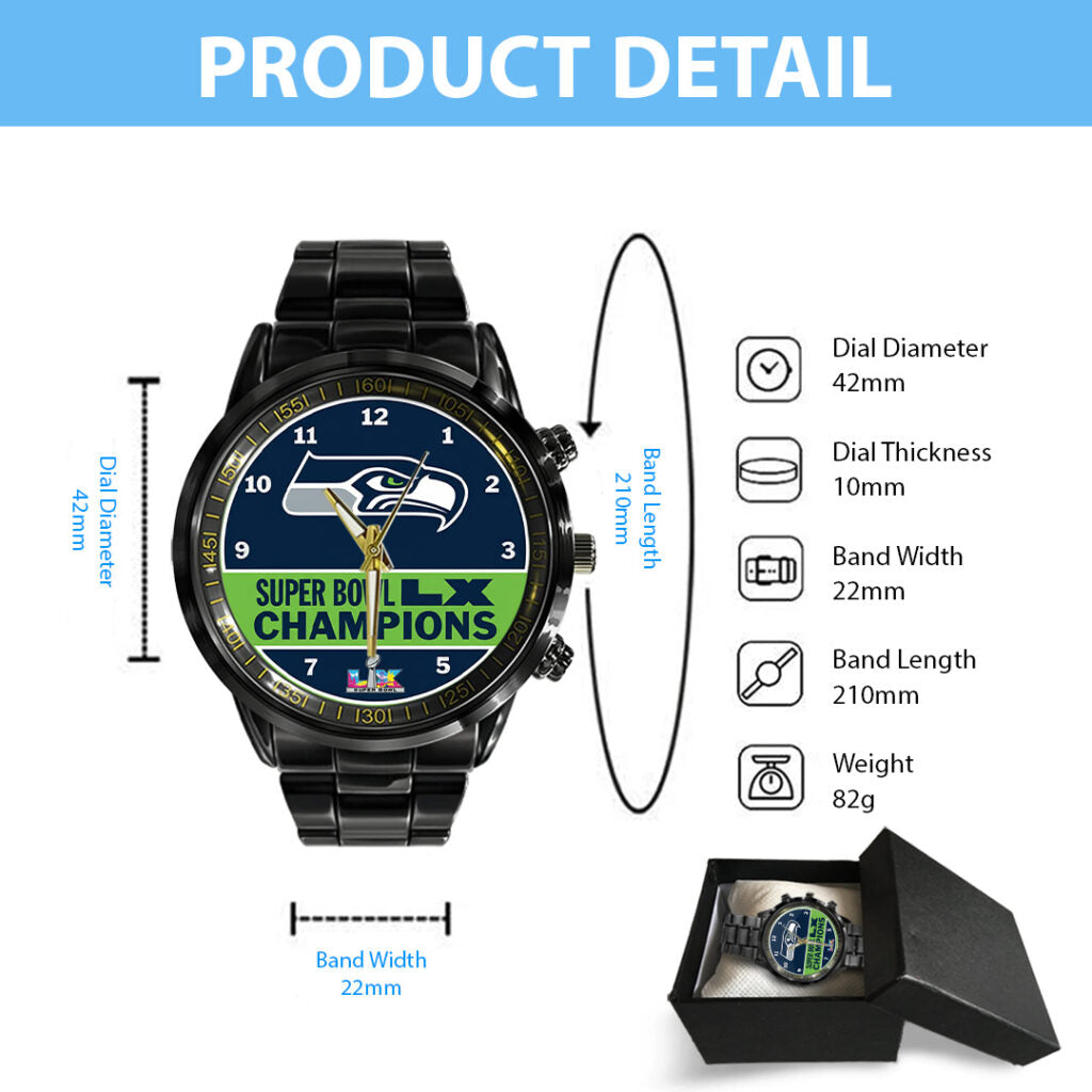 Seattle Seahawks 2025 Super Bowl LX Champions Black Stainless Steel Watch - TANTN20990