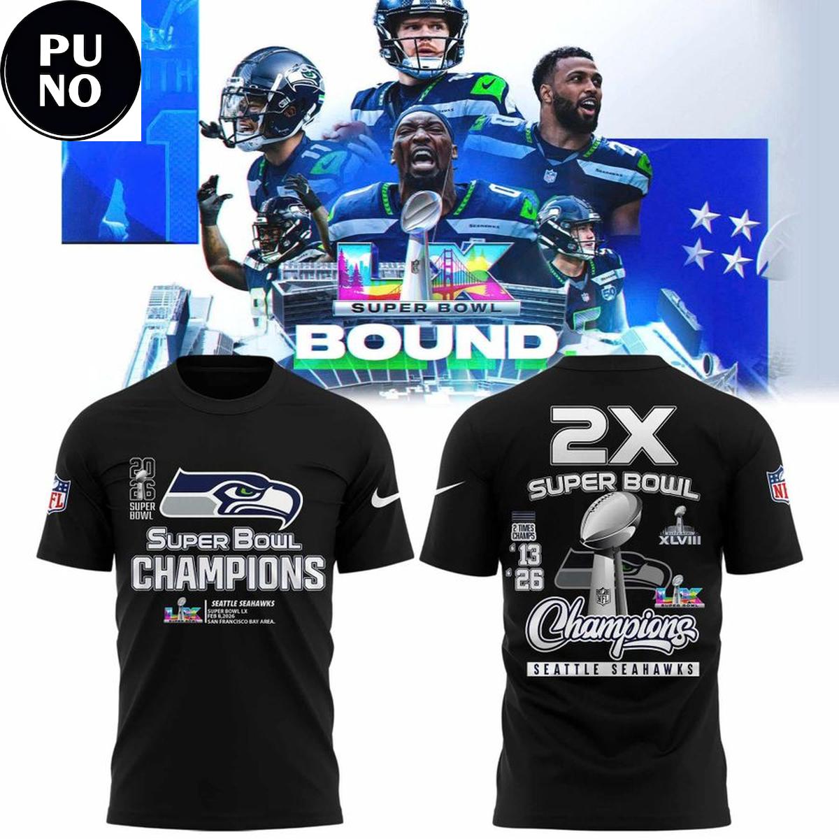 Seattle Seahawks 2026 2 Times Super Bowl Champions NFL Hoodie T-Shirt