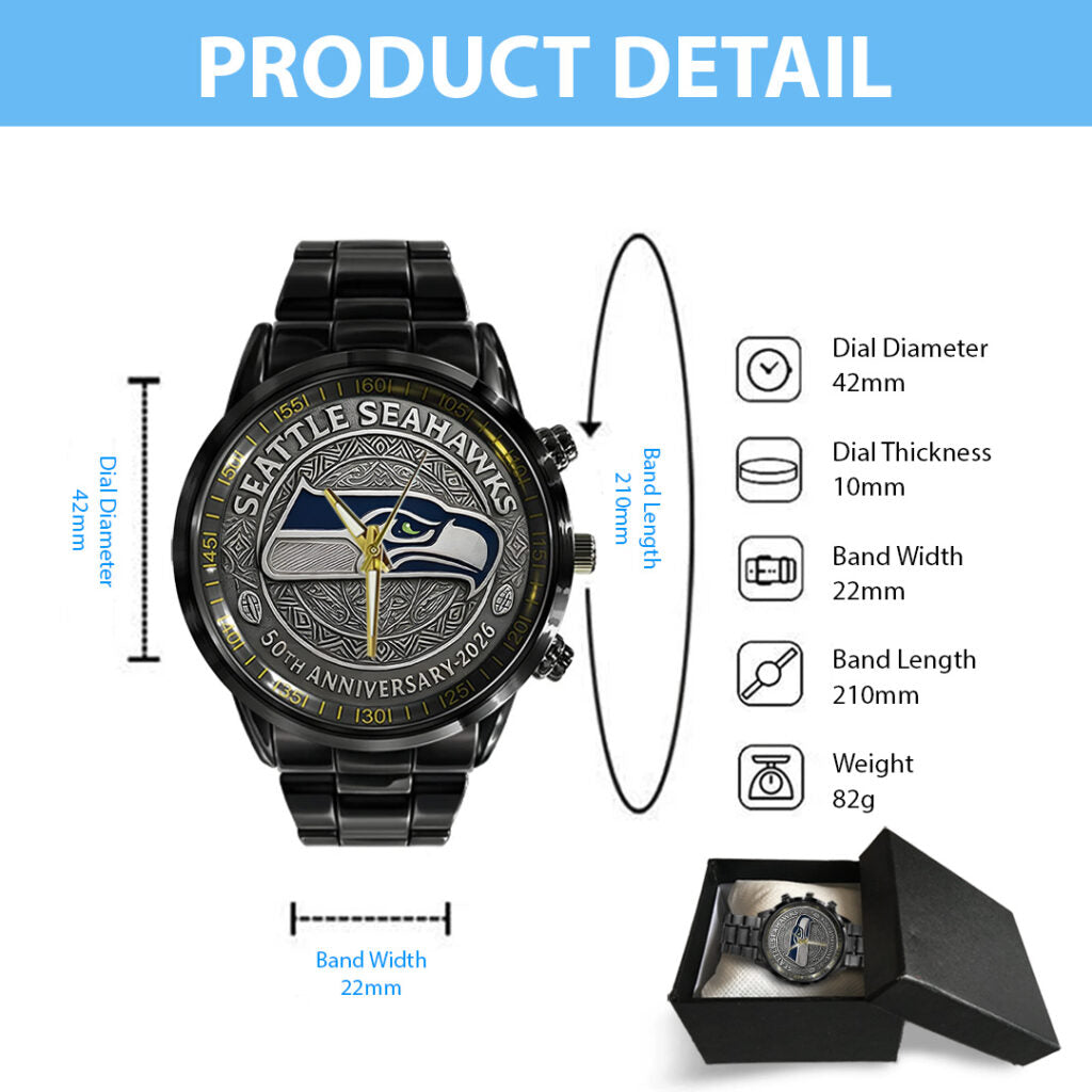 Seattle Seahawks 50th Anniversary 2026 Black Stainless Steel Watch - TANTN16081