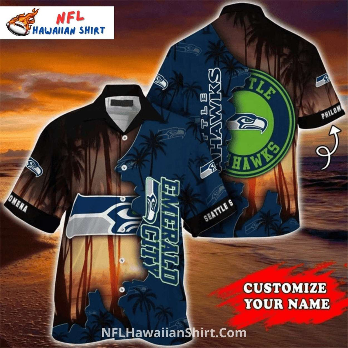 Seattle Seahawks Aloha Shirt Emerald City Sunset Design