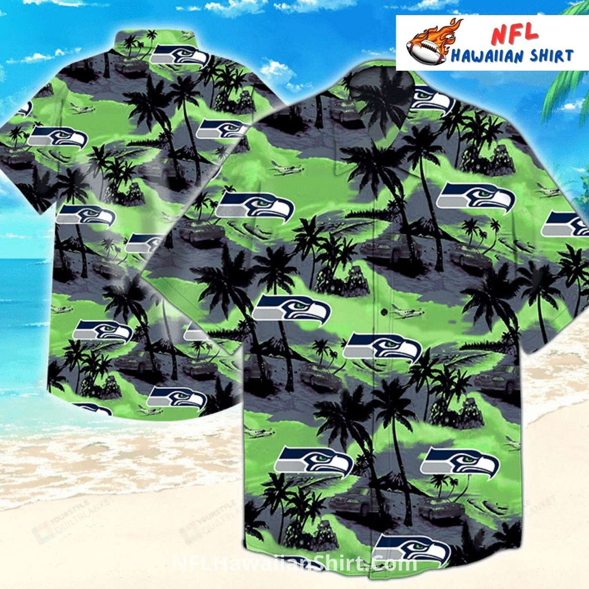Seattle Seahawks Aloha Shirt Tropical Green Palm Beach Theme