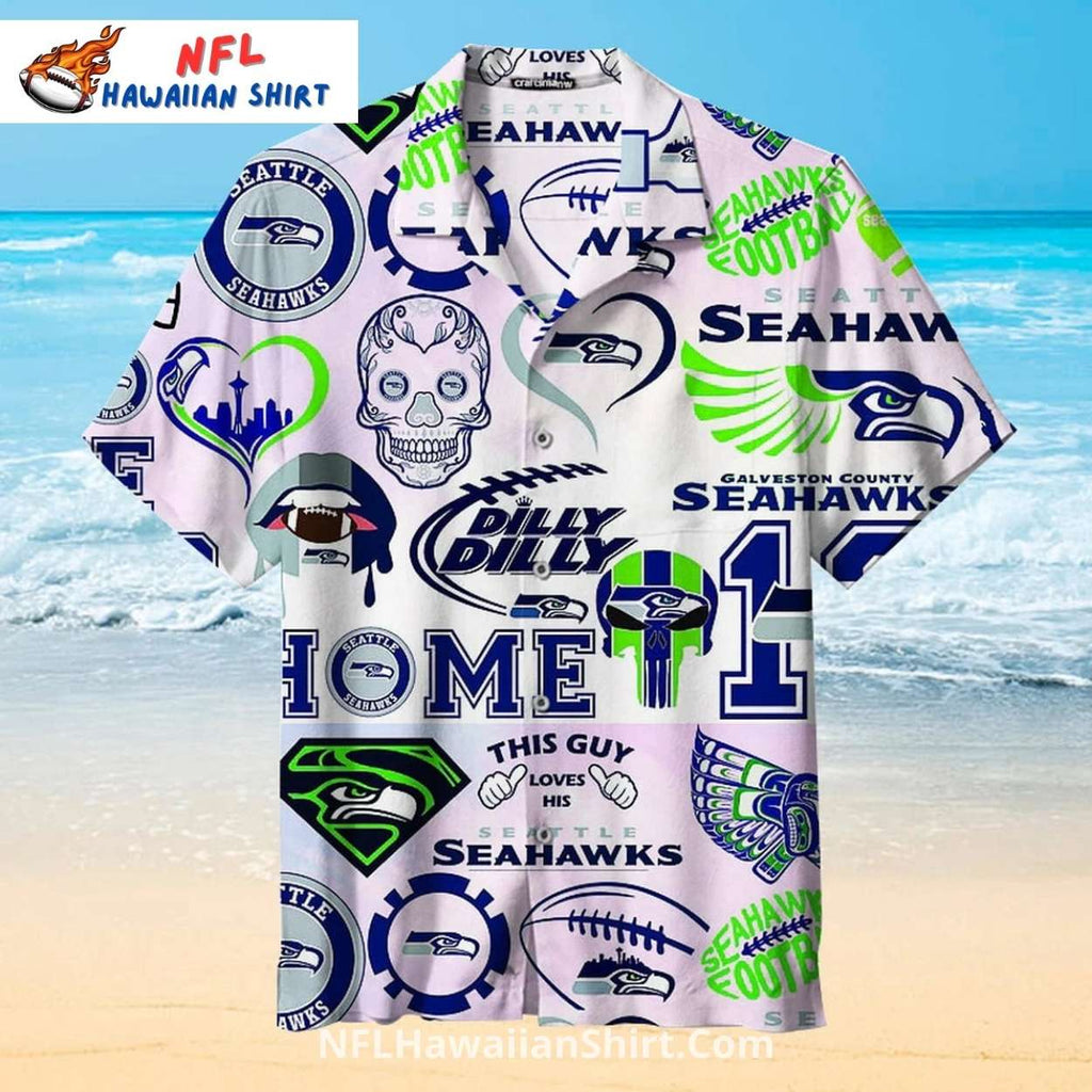 Seattle Seahawks Aloha Shirt With White Background And Fun Logos