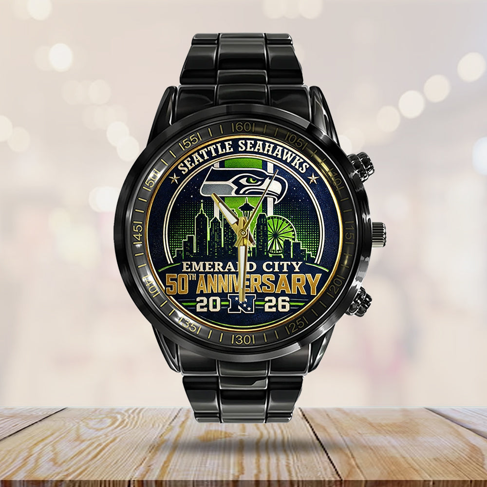 Seattle Seahawks 50th Anniversary Black Stainless Steel Watch - HOATT15730
