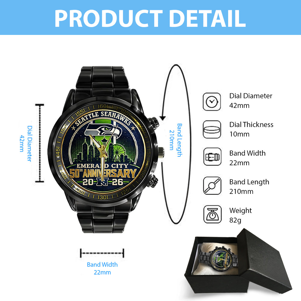 Seattle Seahawks 50th Anniversary Black Stainless Steel Watch - HOATT15730
