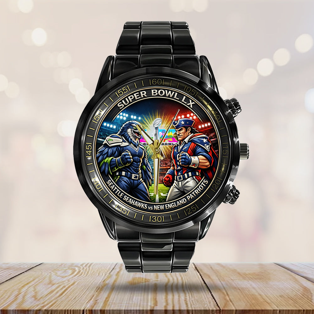 Seattle Seahawks x New England Patriots Super Bowl LX 2025 Black Stainless Steel Watch - TMTHU3473