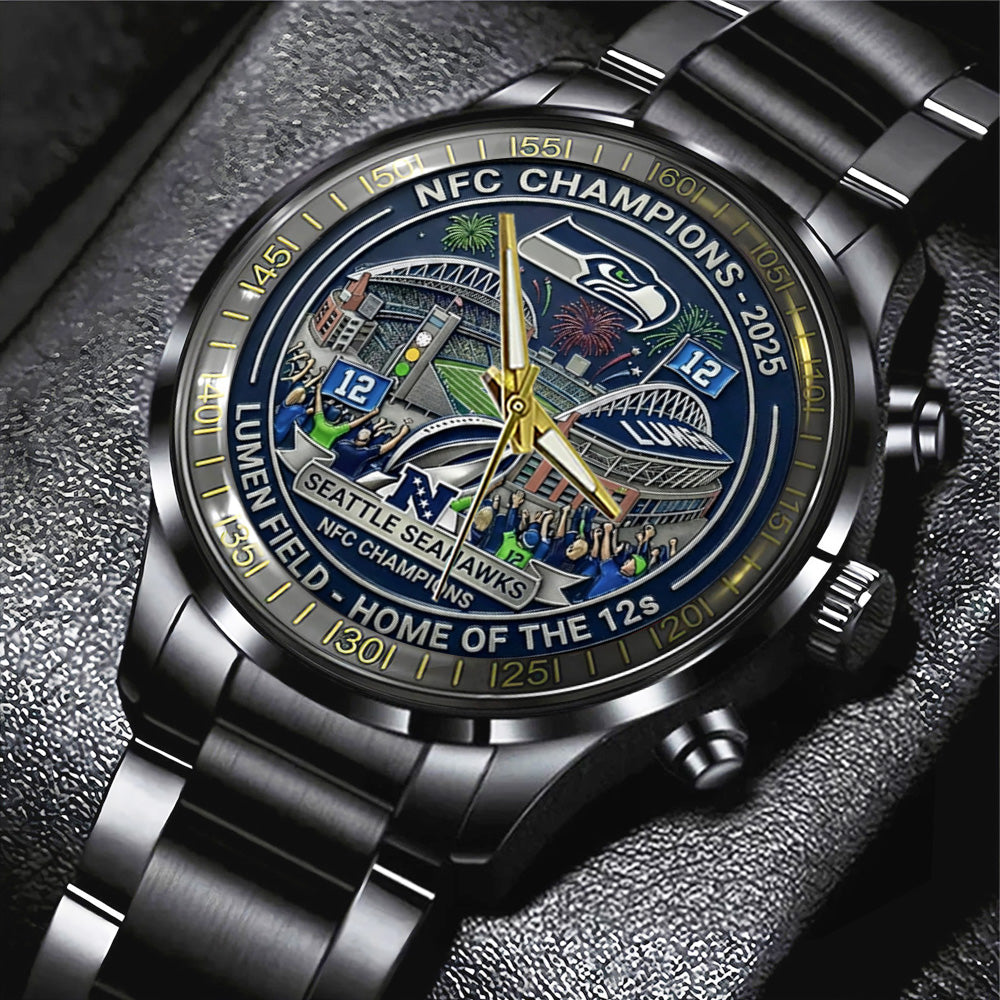 Seattle Seahawks 2025 NFC Champions Black Stainless Steel Watch - TANTN20675