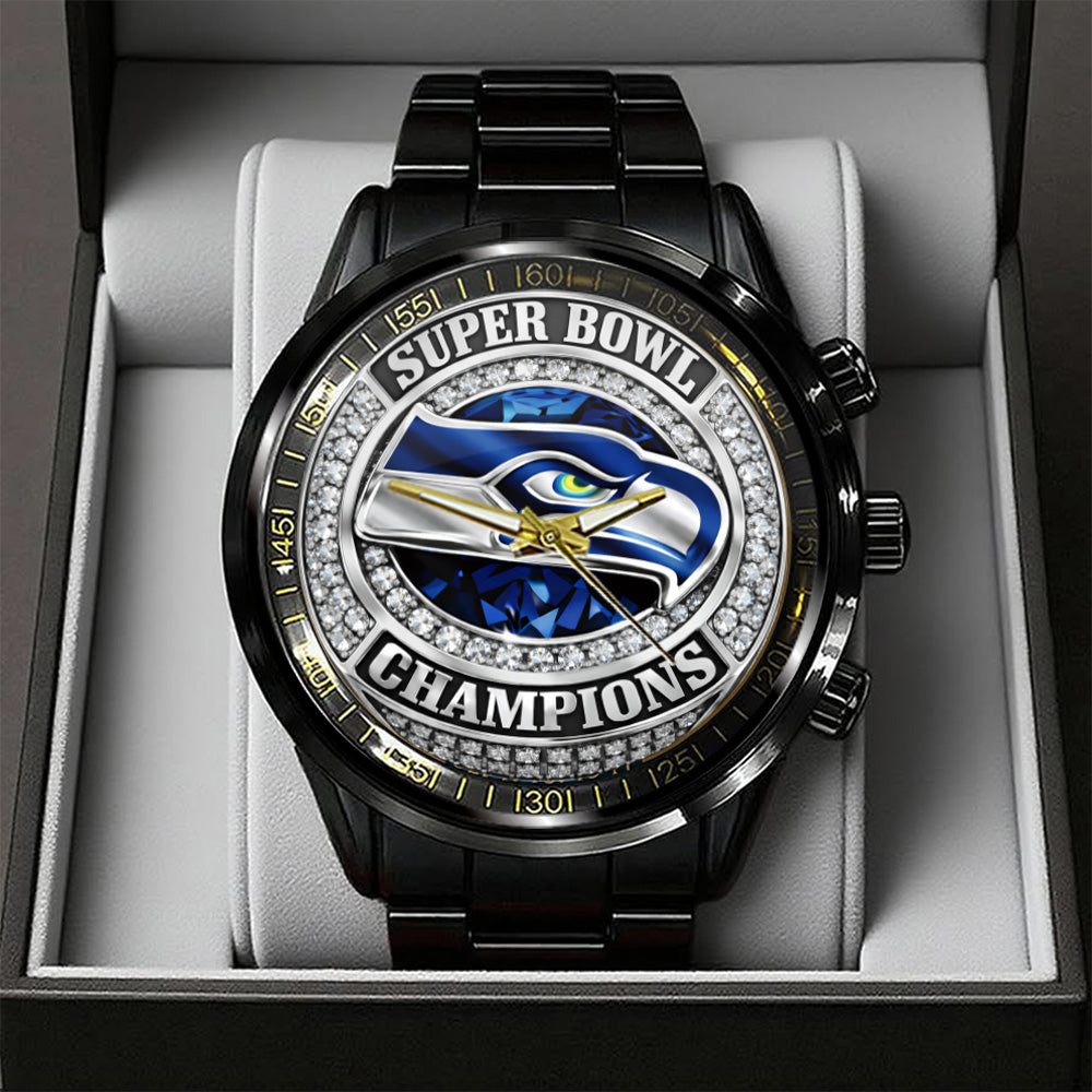 Seattle Seahawks 2025 Super Bowl LX Champions Black Stainless Steel Watch - GNE5033