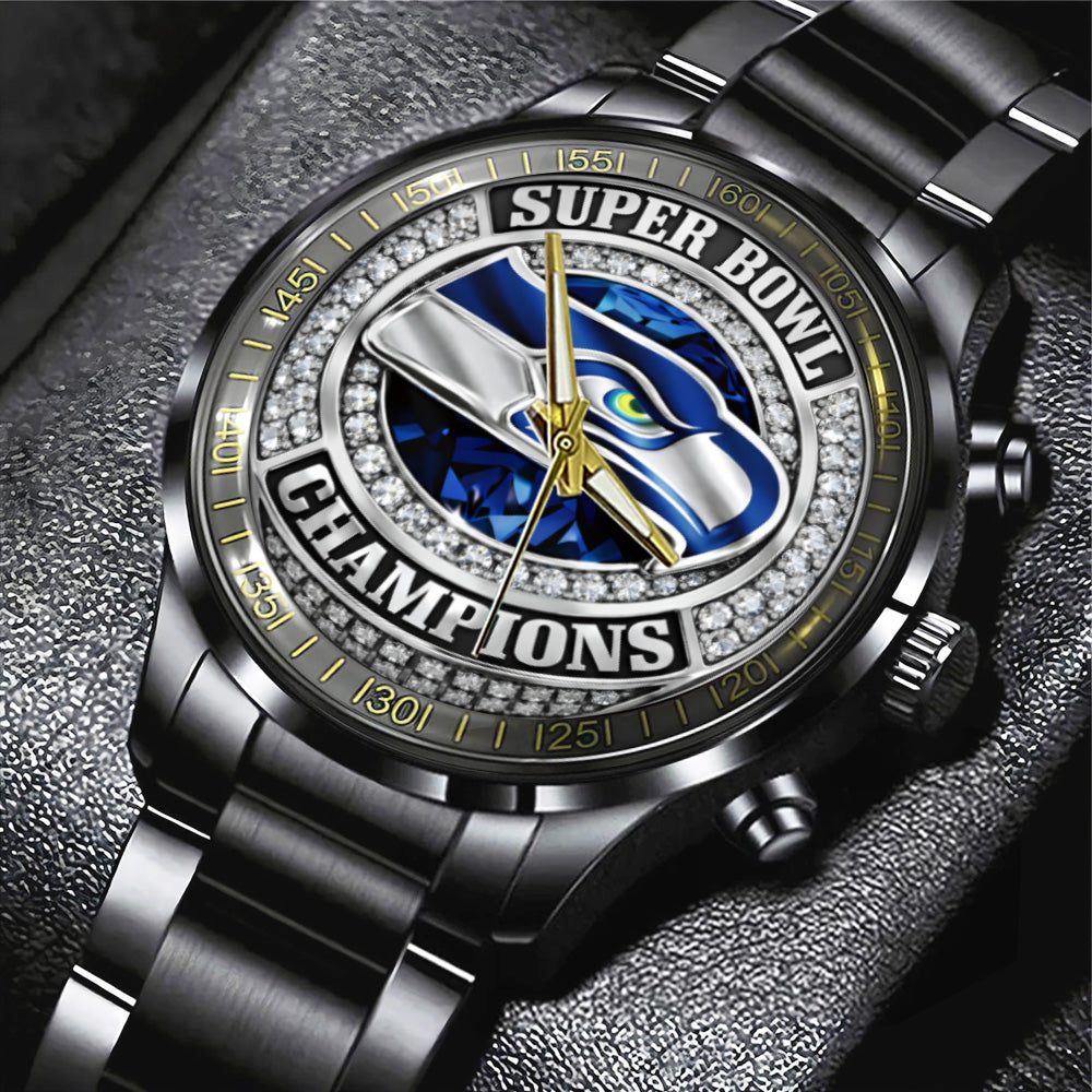 Seattle Seahawks 2025 Super Bowl LX Champions Black Stainless Steel Watch - GNE5033