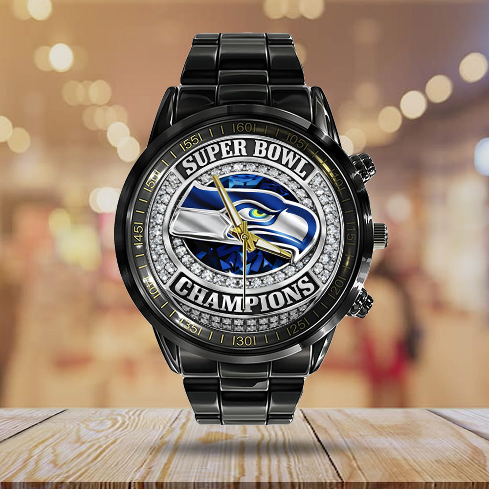 Seattle Seahawks 2025 Super Bowl LX Champions Black Stainless Steel Watch - GNE5033