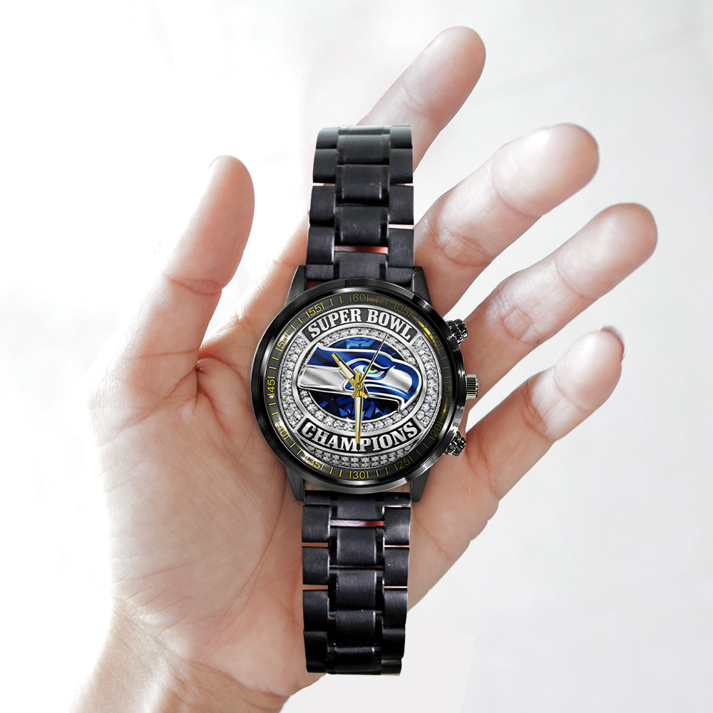 Seattle Seahawks 2025 Super Bowl LX Champions Black Stainless Steel Watch - GNE5033