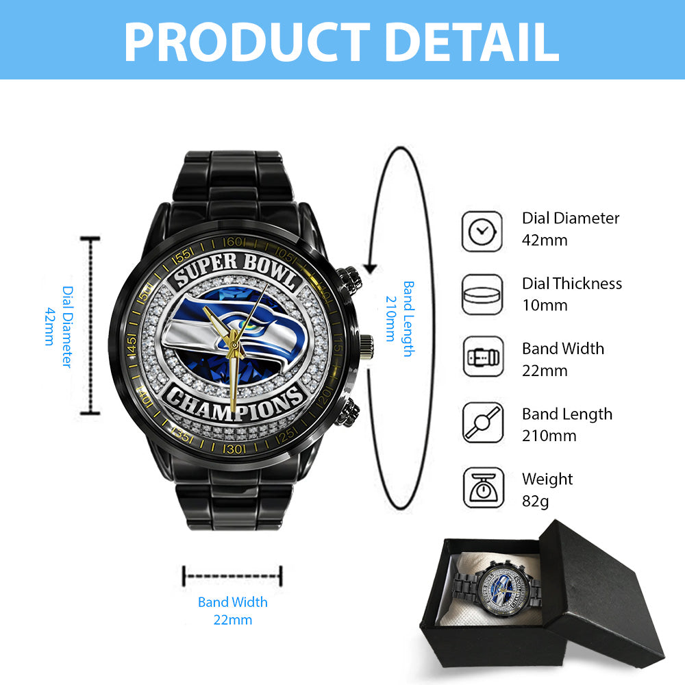 Seattle Seahawks 2025 Super Bowl LX Champions Black Stainless Steel Watch - GNE5033