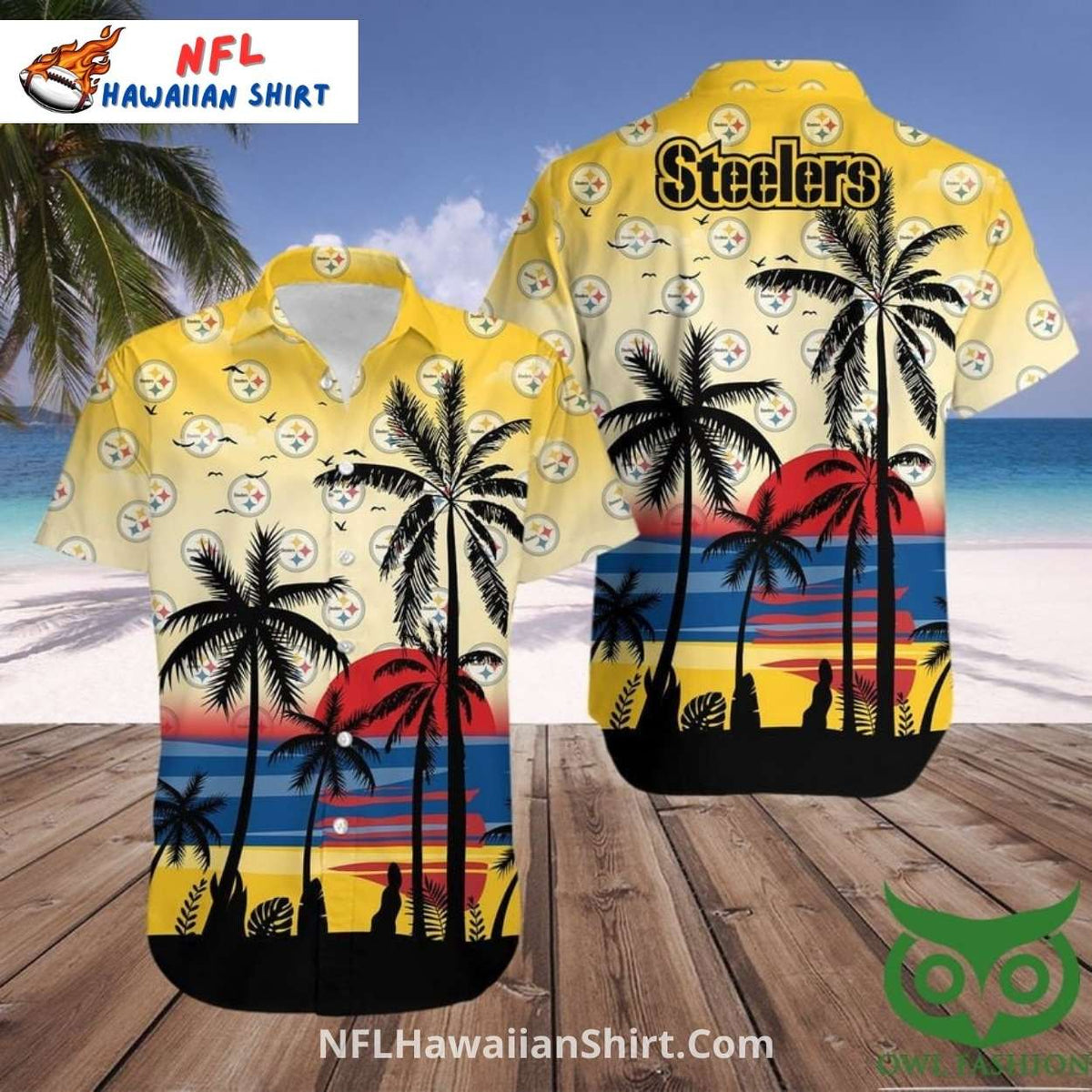 Steelers Aloha Shirt Beach Sunset And Palm Tree Design