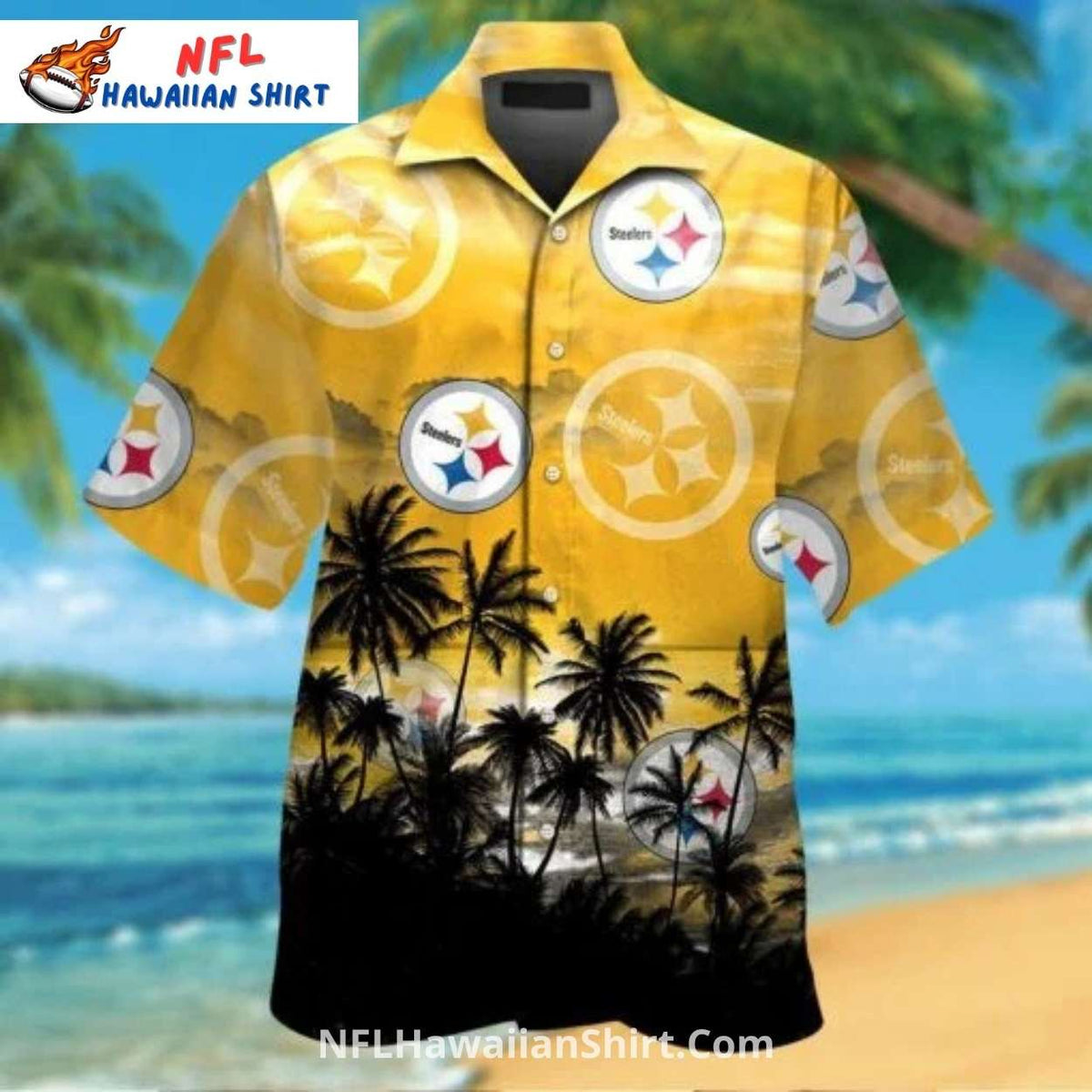 Steelers Hawaiian Shirt Gold And Black Palm Tree Gradient