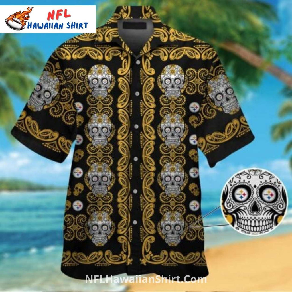 Steelers Hawaiian Shirt Sugar Skull And Gold Pattern