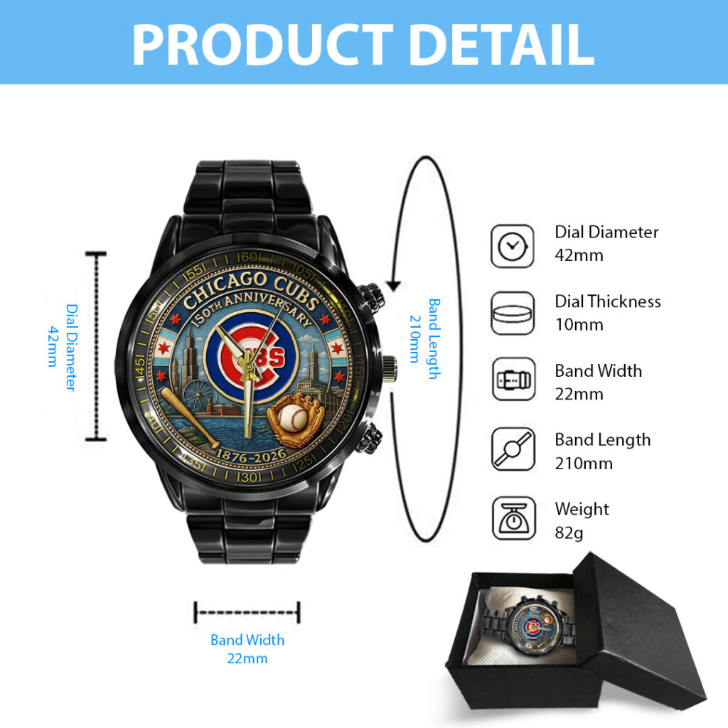 Chicago Cubs 150th Anniversary 2025 Black Stainless Steel Watch - TANTN17070