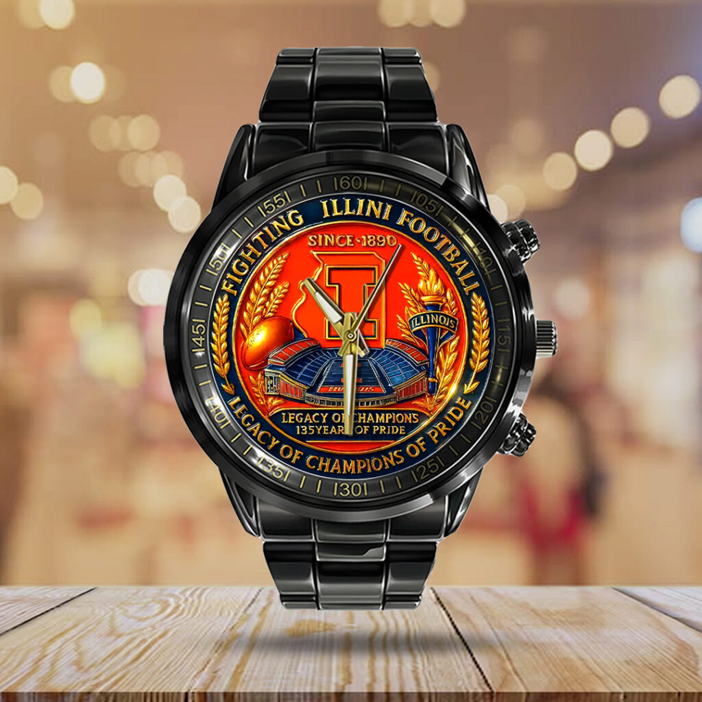 Illinois Fighting Illini Football Black Stainless Steel Watch - TANTN17998