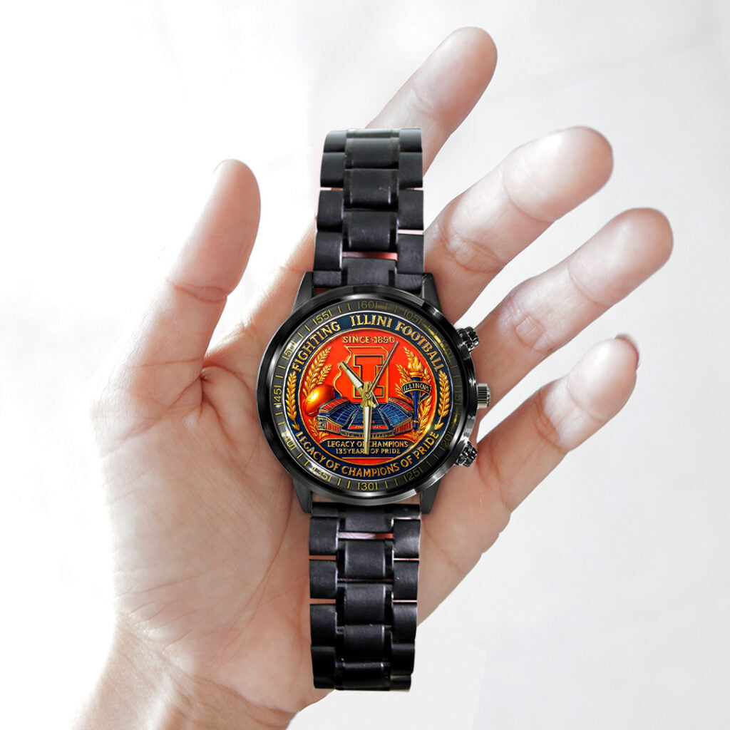 Illinois Fighting Illini Football Black Stainless Steel Watch - TANTN17998