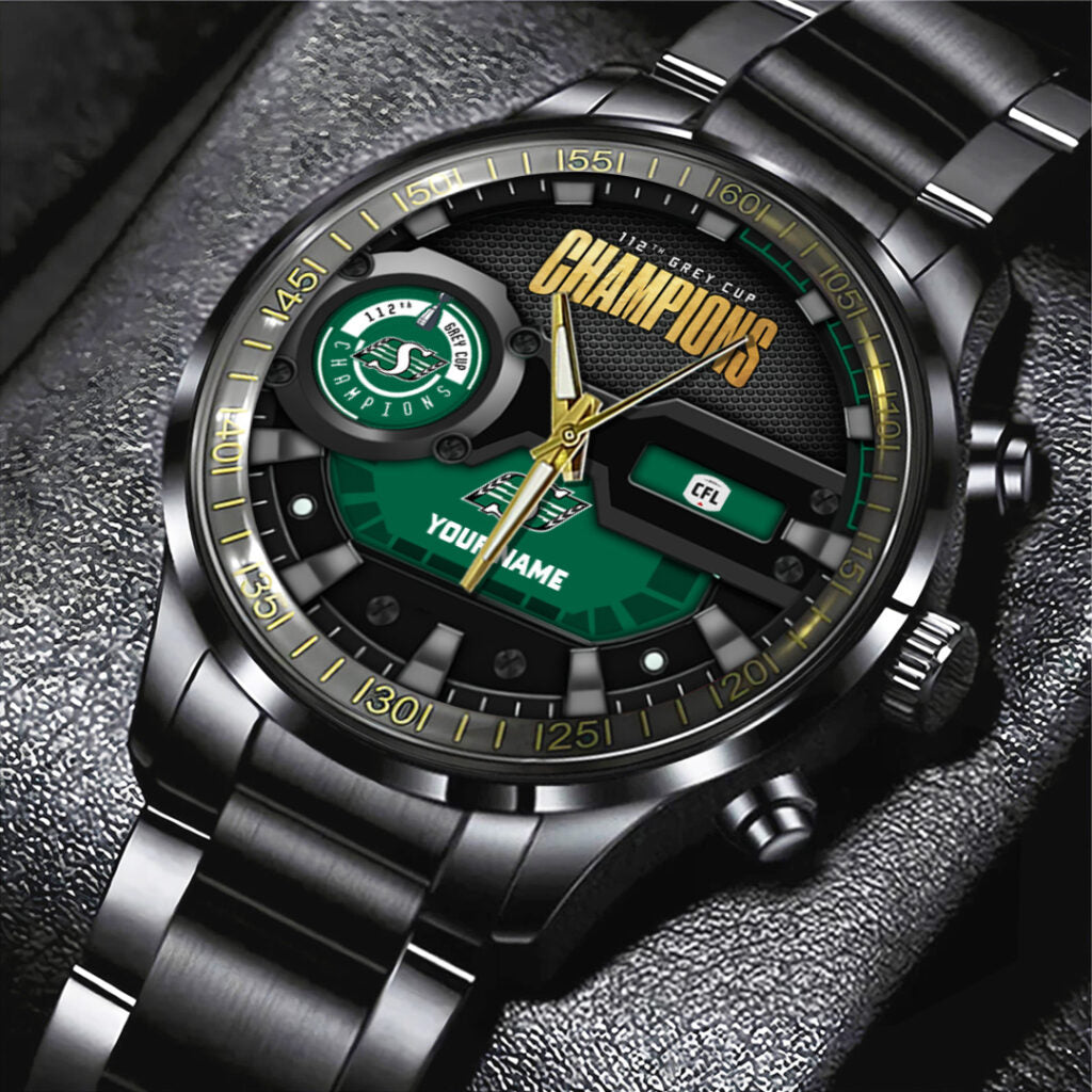 Personalized Saskatchewan Roughriders 2025 Grey Cup Champions Black Stainless Steel Watch - TANTN19017