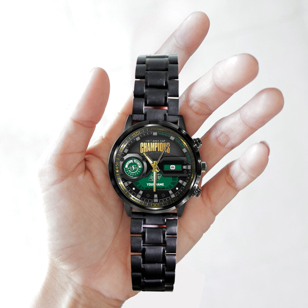 Personalized Saskatchewan Roughriders 2025 Grey Cup Champions Black Stainless Steel Watch - TANTN19017