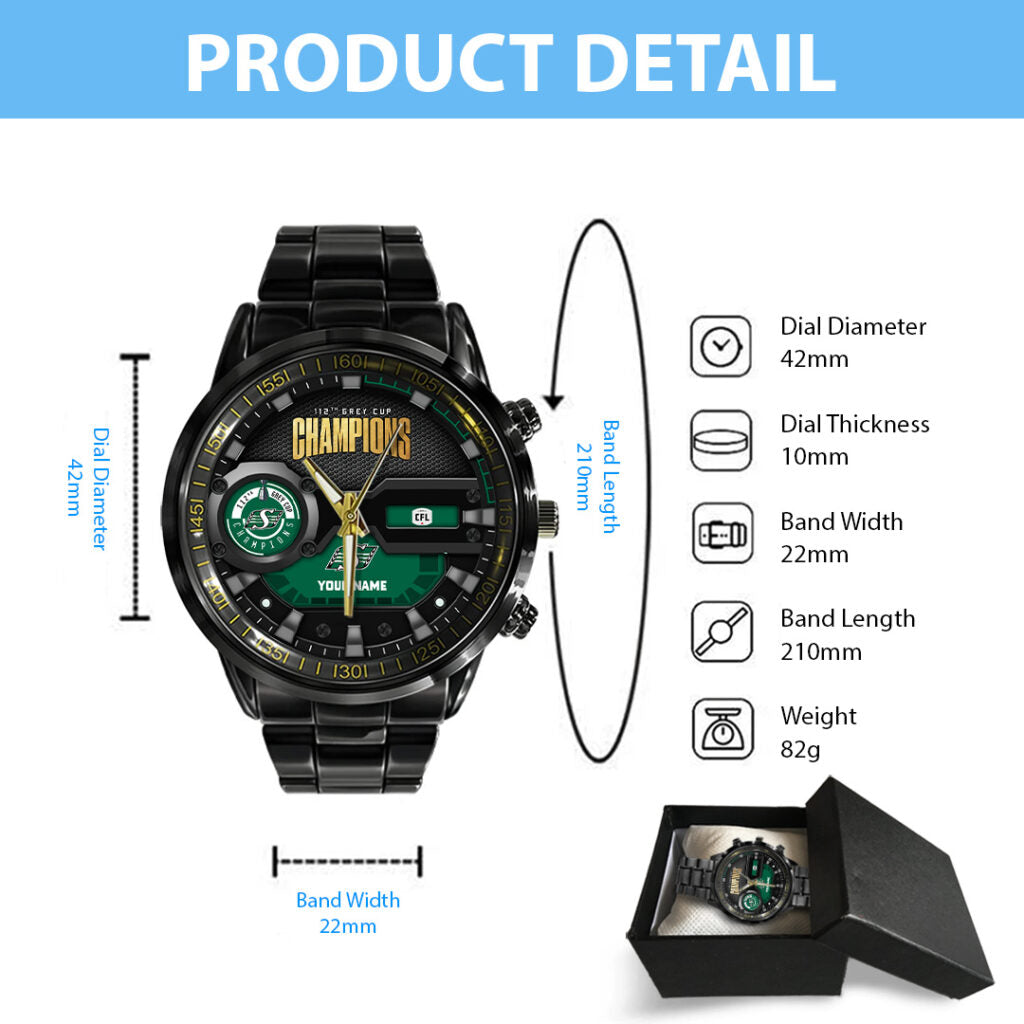 Personalized Saskatchewan Roughriders 2025 Grey Cup Champions Black Stainless Steel Watch - TANTN19017