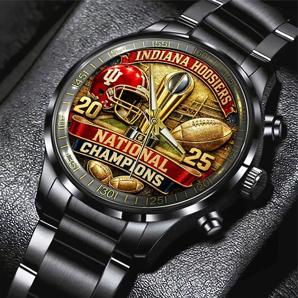 Indiana Hoosiers Football 2025 National Champions Black Stainless Steel Watch - TANTN20498