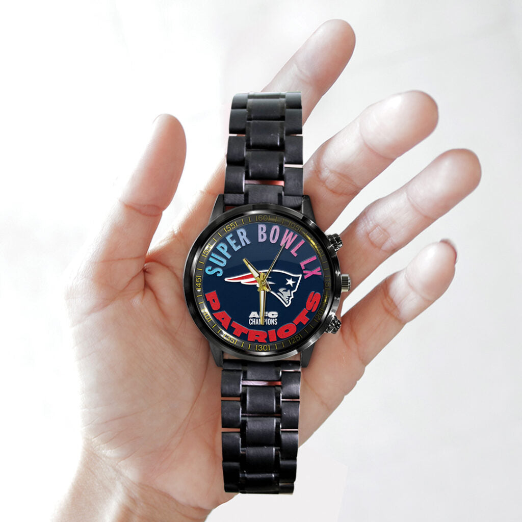 New England Patriots 2025 AFC Champions Black Stainless Steel Watch - TANTN20641