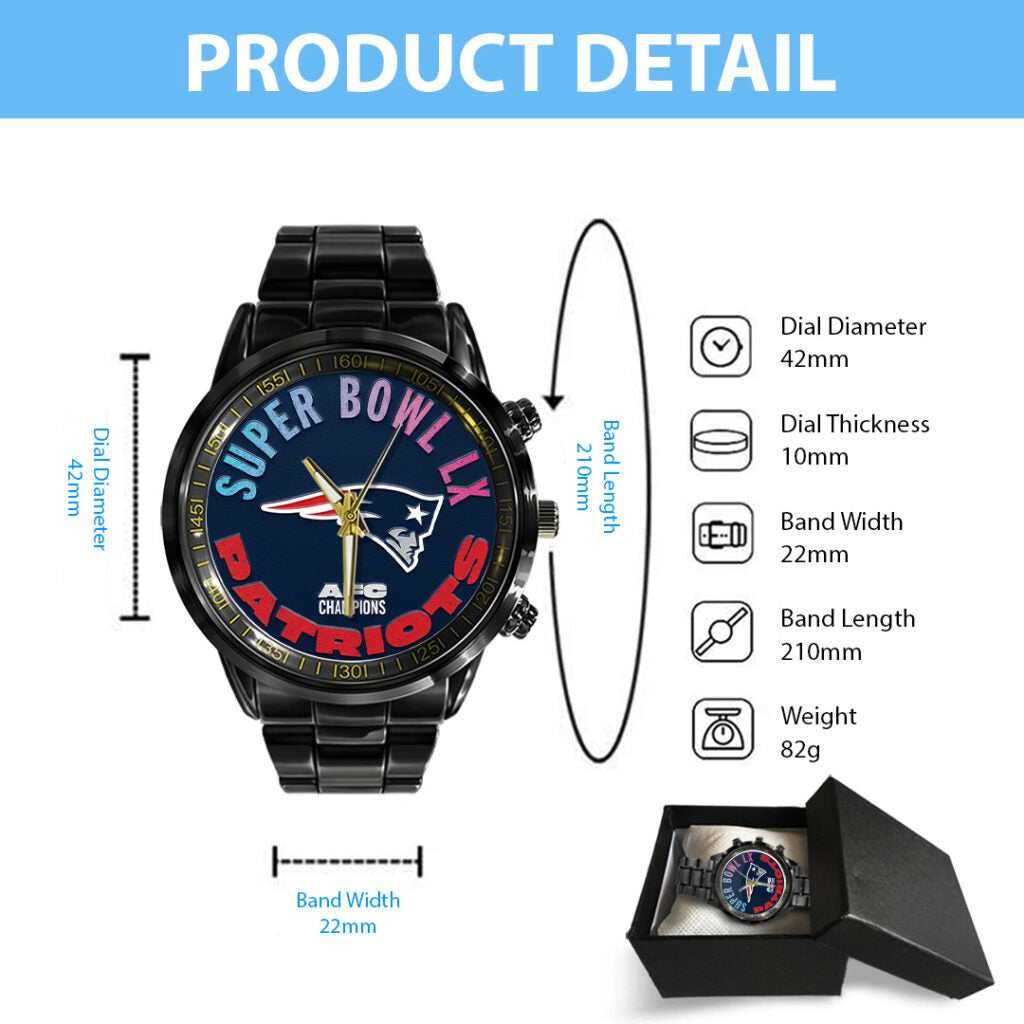 New England Patriots 2025 AFC Champions Black Stainless Steel Watch - TANTN20641