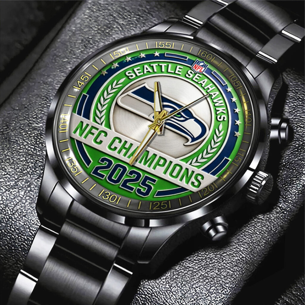 Seattle Seahawks 2025 NFC Champions Black Stainless Steel Watch - TANTN20679