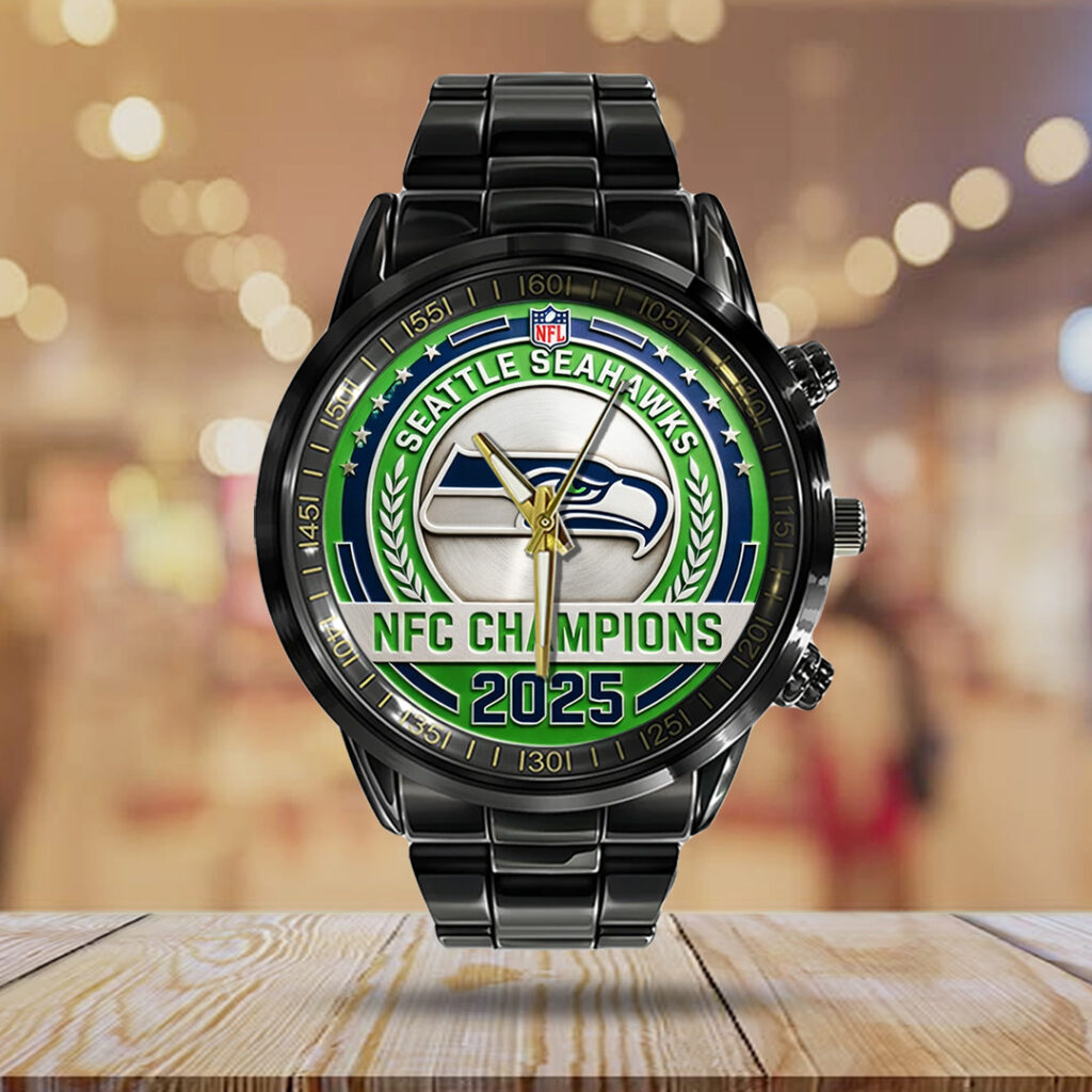Seattle Seahawks 2025 NFC Champions Black Stainless Steel Watch - TANTN20679